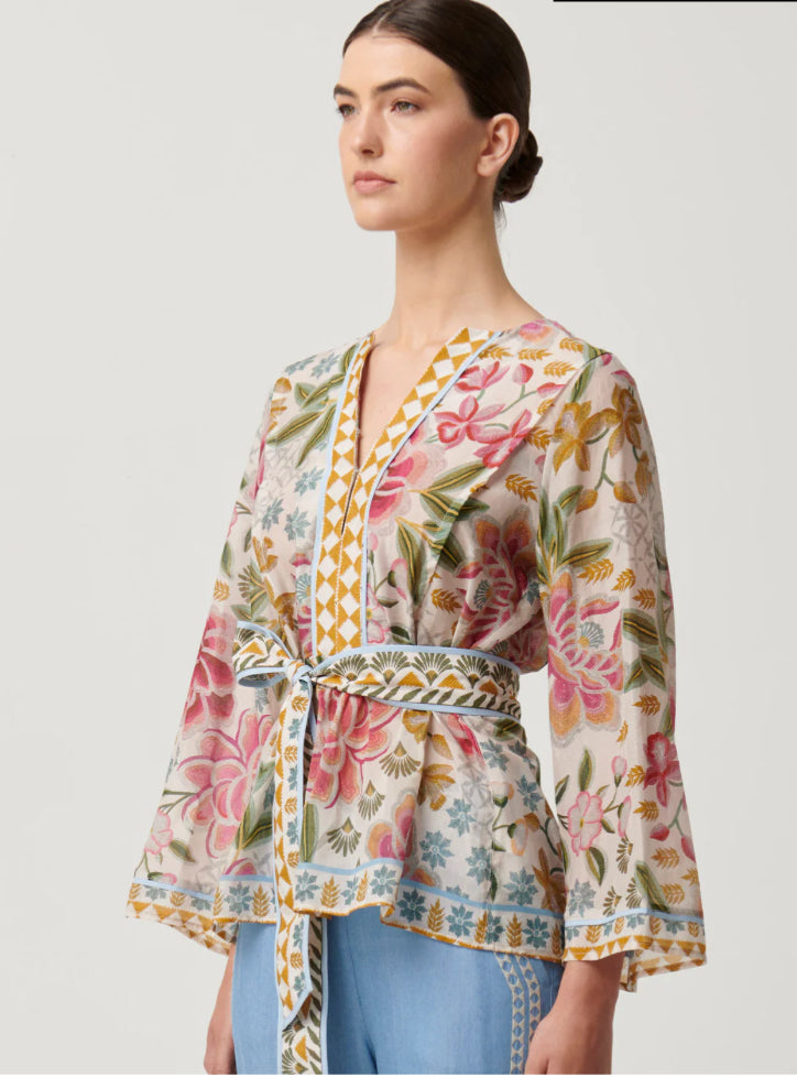 Once Was Cotton Silk Placement Print Kaftan Tie Top