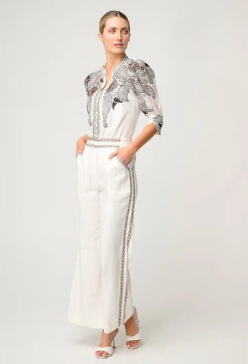 Once Was Lelia Silk Cotton Placement Print Curved Collar Shirt