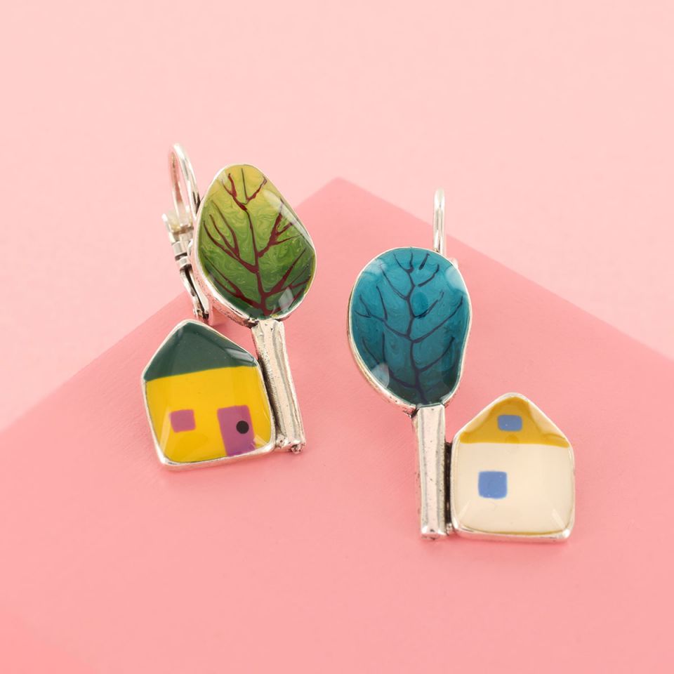 Taratata Dormeuses Mon Ptit Village Lever Back House with Tree Earring