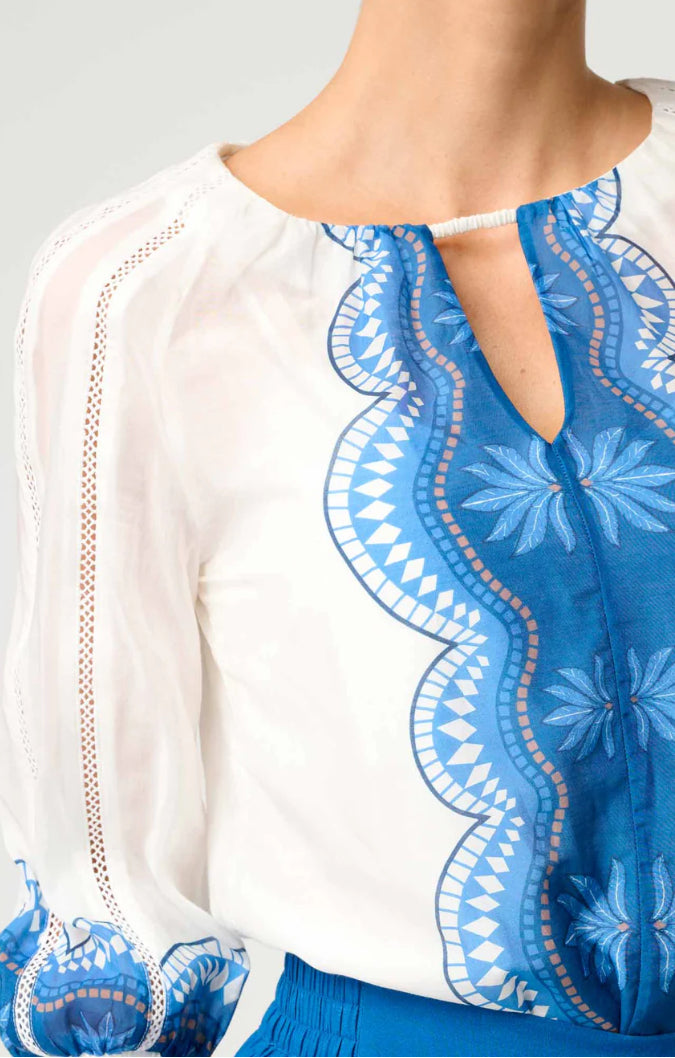 Once/Was Sakina Placement Print Silk Lace Trim Blouse