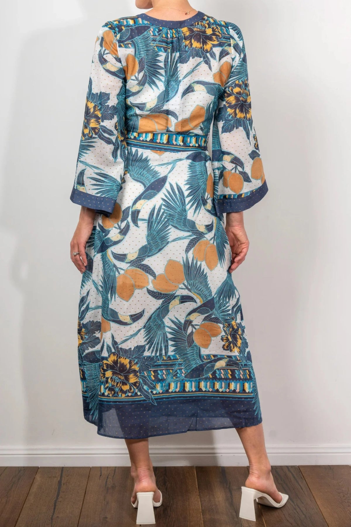 Once/Was Kimona Cotton Silk Placement Kimono Sleeve Coat Dress