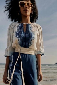 Once/Was Sakina Placement Print Silk Lace Trim Blouse