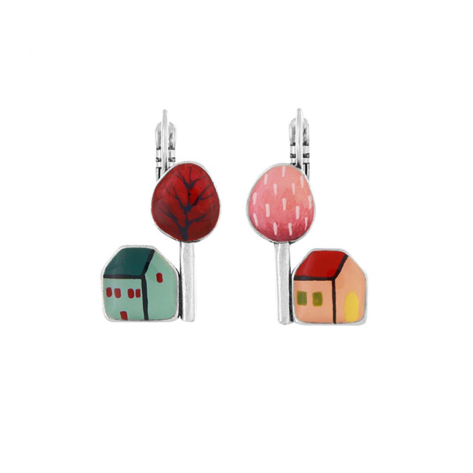 Taratata Dormeuses Mon Ptit Village Lever Back House with Tree Earring