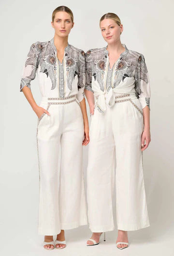 Once Was Lelia Silk Cotton Placement Print Curved Collar Shirt