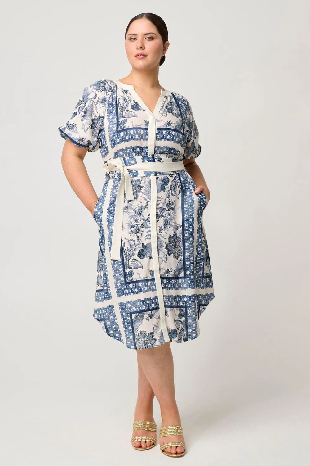 Once/Was Bijou Linen Viscose Raglan Sleeve Placement Print Button Through Dress