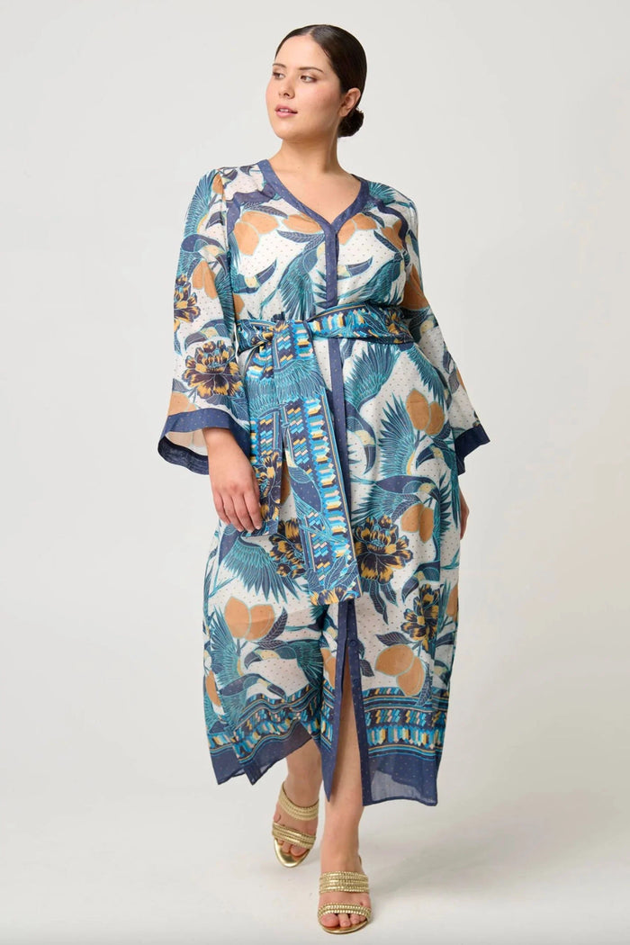 Once/Was Kimona Cotton Silk Placement Kimono Sleeve Coat Dress