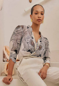 Once Was Lelia Silk Cotton Placement Print Curved Collar Shirt