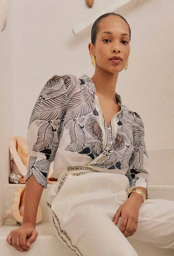 Once Was Lelia Silk Cotton Placement Print Curved Collar Shirt