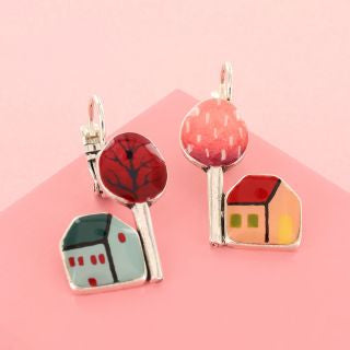 Taratata Dormeuses Mon Ptit Village Lever Back House with Tree Earring