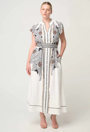 Once Was Malika Viscose Dobby Contrast Bind Flutter Sleeve Dress