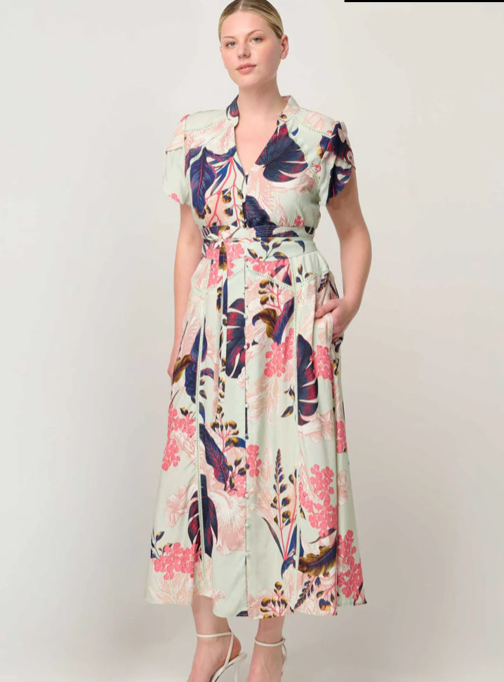 Once/Was Maysa Contrast Trim Yoke Viscose Faille Dress