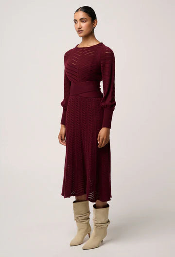 Once Was Mirelle Wool Blend Chevron Detail Knit Dress Bordeaux