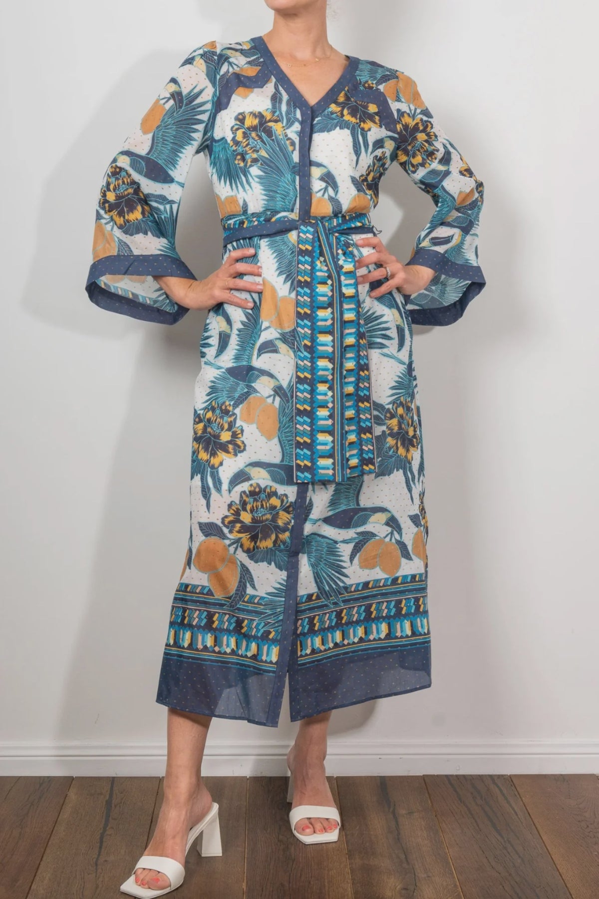 Once/Was Kimona Cotton Silk Placement Kimono Sleeve Coat Dress