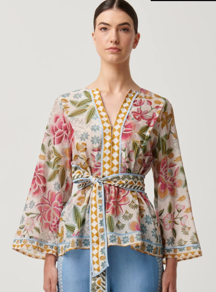 Once Was Cotton Silk Placement Print Kaftan Tie Top