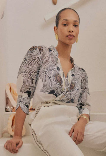 Once Was Lelia Silk Cotton Placement Print Curved Collar Shirt