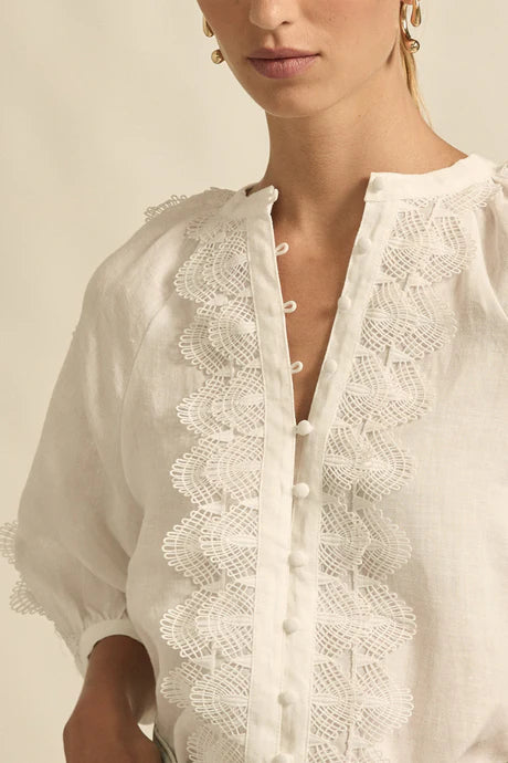Close-up of a white lace-trimmed blouse on a neutral background