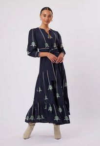 Once Was Grove Embroidered Linen/Viscose Pleat Sleeve Maxi