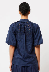 Once Was Occitan Embroidered Cotton/Silk Raglan Puff Sleeve Shirt